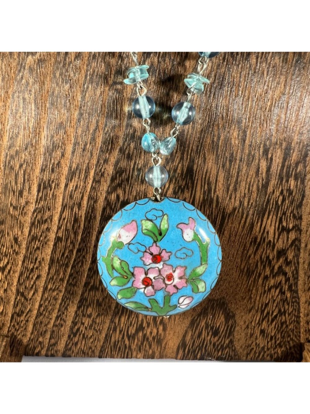 Handcrafted Blue Floral Pendant Necklace With Glass Beads & Adjustable Chain - Picture 2 of 3
